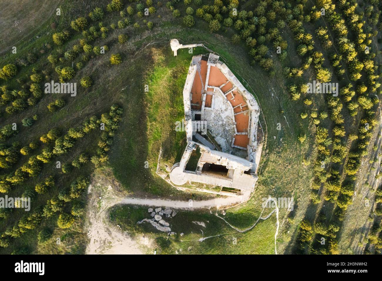 Aerial view of the ruins of an ancient medieval castle in Castrojeriz, Burgos, Spain. Stock Photo