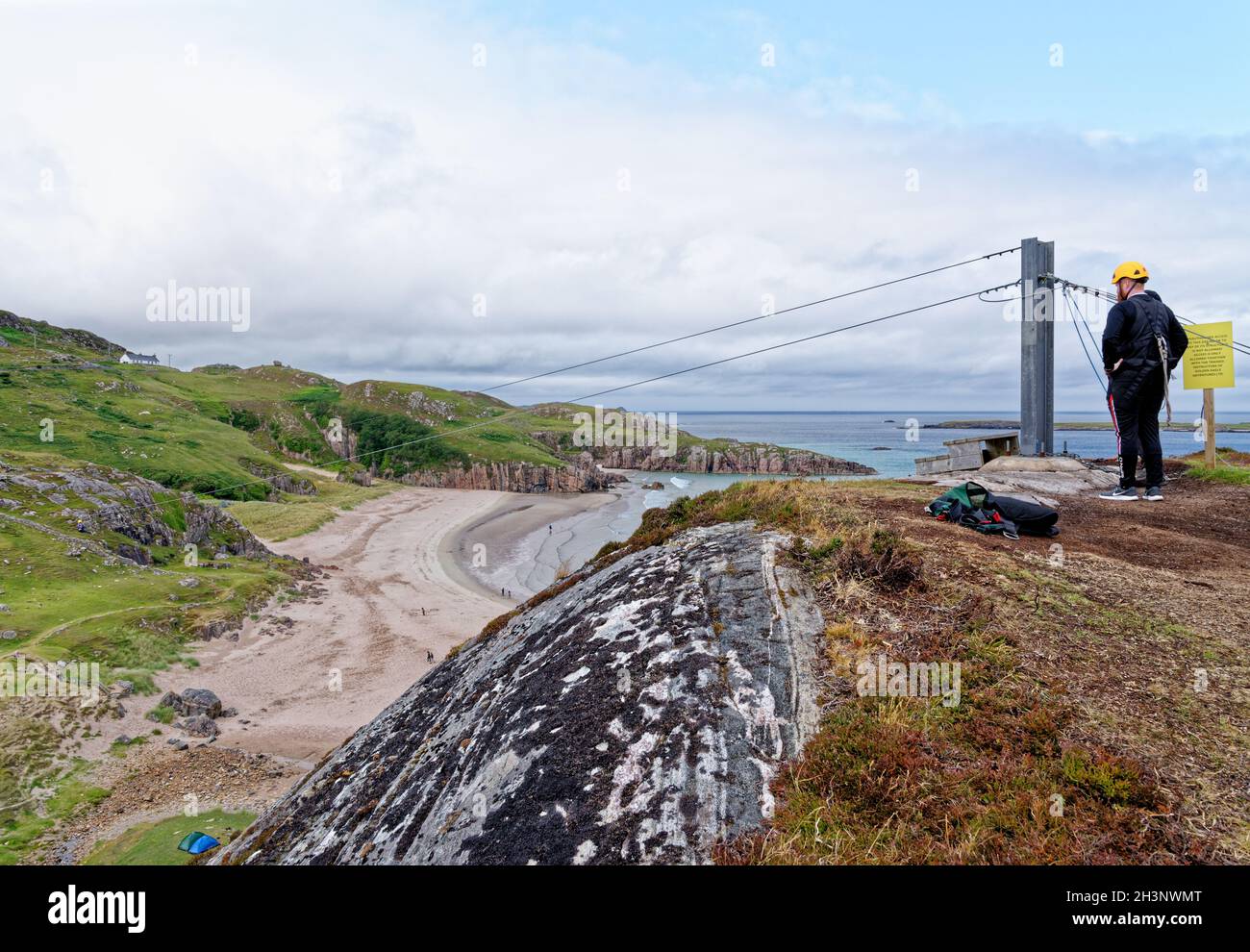 Zip Line Over Ceannabeinne Beach on the North Coast 500 Route, Durness, Sutherland, North Coast of Scotland, UK - 19th of July 2021 Stock Photo