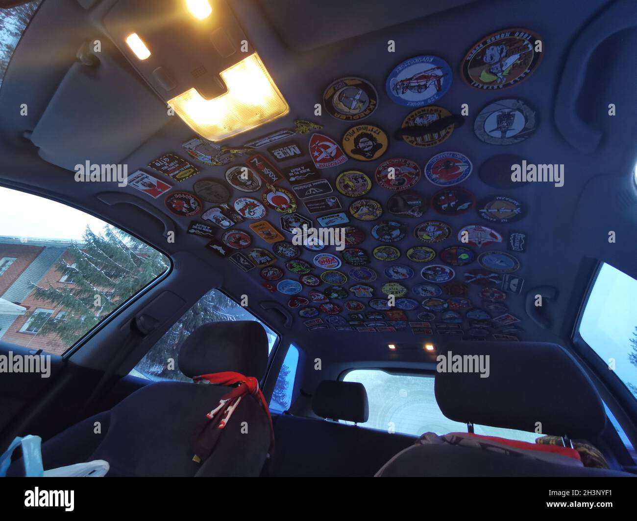 A car's ceiling is full of patches. Artistic-looking interior of a car  Stock Photo - Alamy