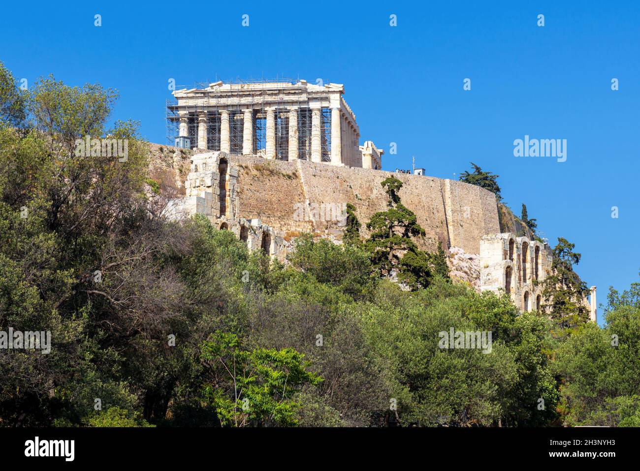 Acropolis of Athens, Greece. Famous Parthenon temple on its top. This place is landmark of Athens. Ancient Greek ruins of Acropolis hill, old architec Stock Photo