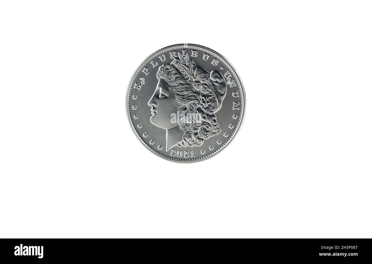 Morgan silver dollar, in mint state condition, isolated on white ...
