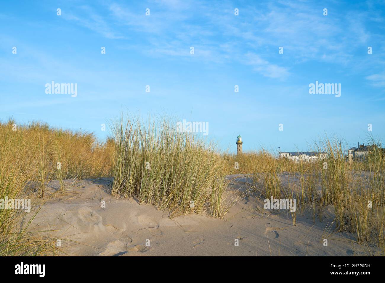 Dune on the beach of Warnemuende. The lighthouse in the background. Stock Photo