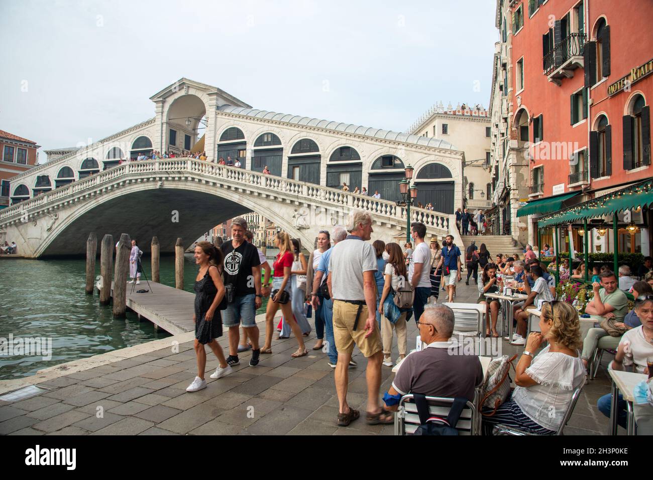 Rialto bridge and terraces in Venice, Italy Stock Photo