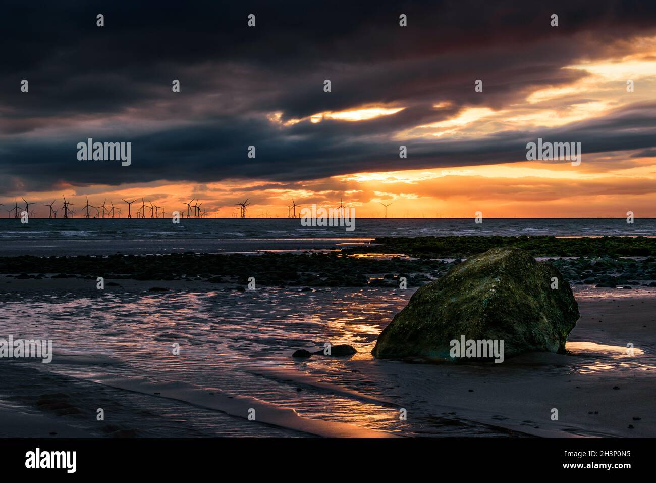Dramatic and Moody Sunset captured from Biggar Bank, Walney Island, Barrow in Furness, Cumbria, UK on 11th September 2021 Stock Photo