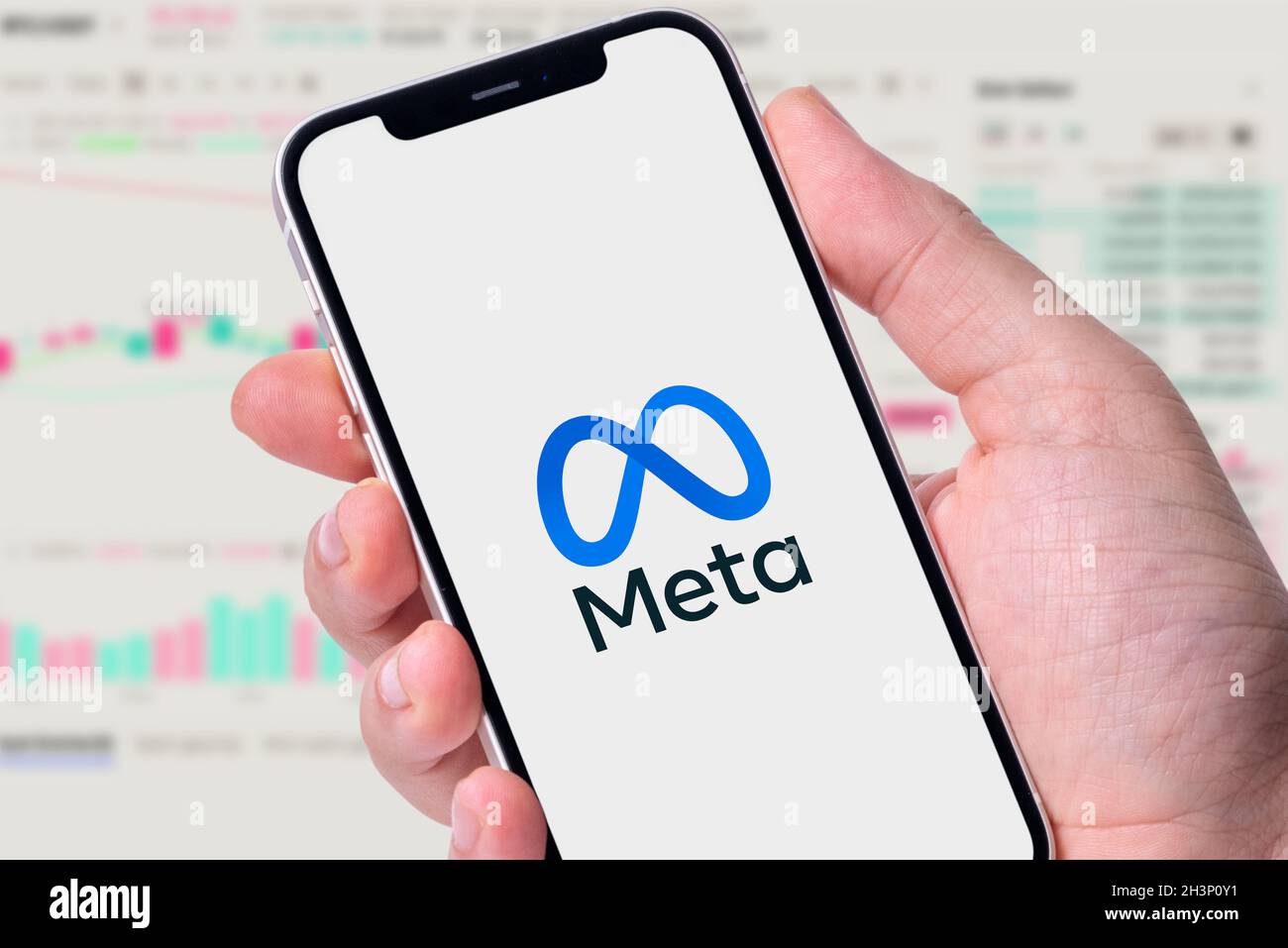 Antalya, TURKEY - October 30, 2021. US technology conglomerate Metaverse or Meta Platforms, Inc logo on the iPhone 12 screen Stock Photo