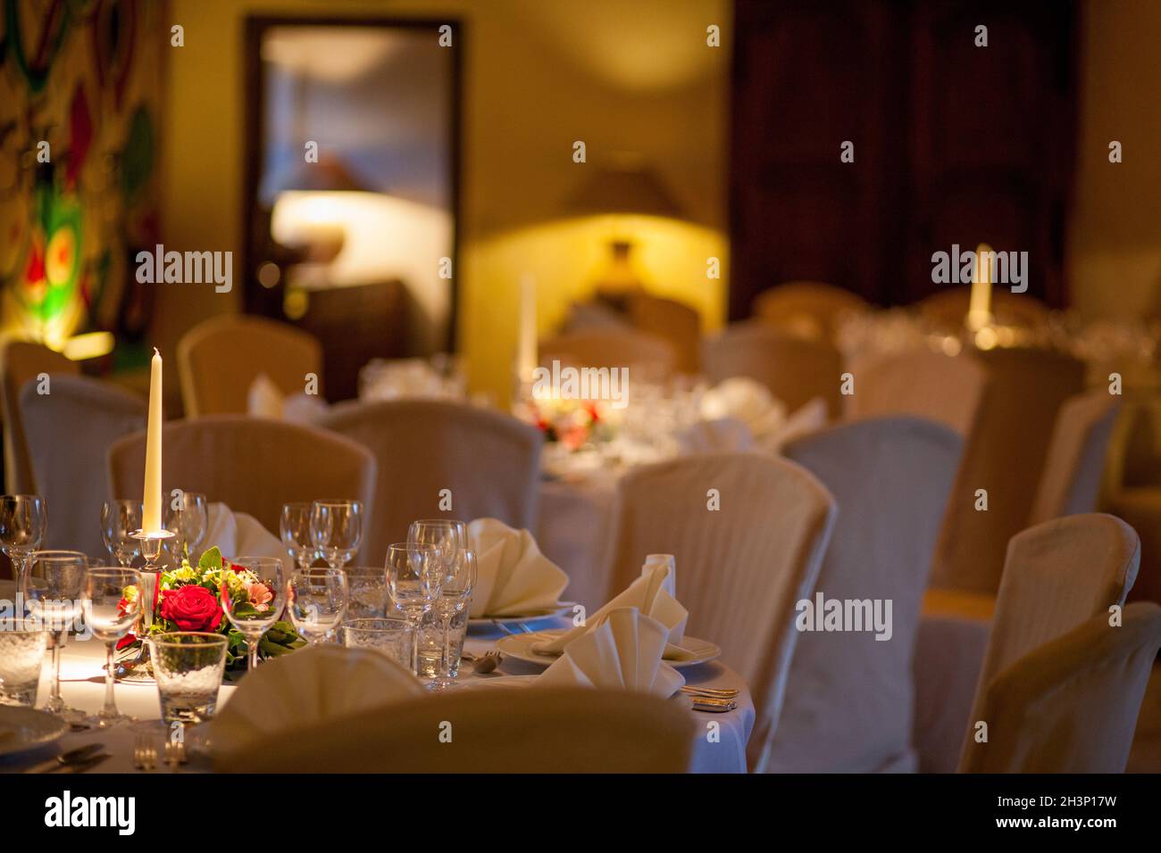The Wedding Decor Rustic Style. Table Decoration Setting with Flowers Stock Photo