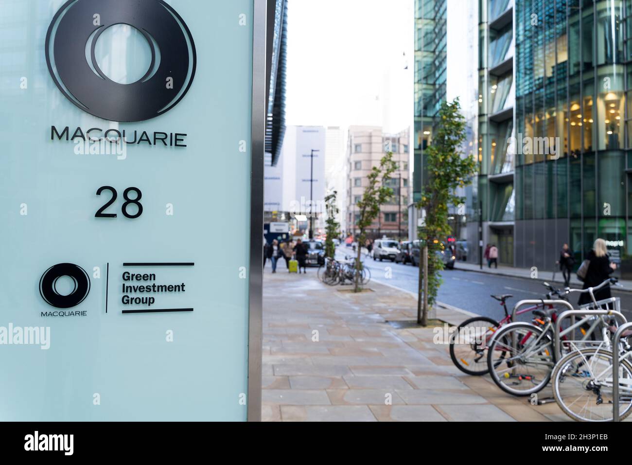 Bike rack outside Macquarie Group Limited office building, Australian multinational independent investment bank in Moorgate London England UK Stock Photo