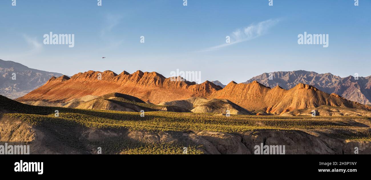 Panoramic view of beautiful hilly landscape at dusk in zhangye Stock Photo