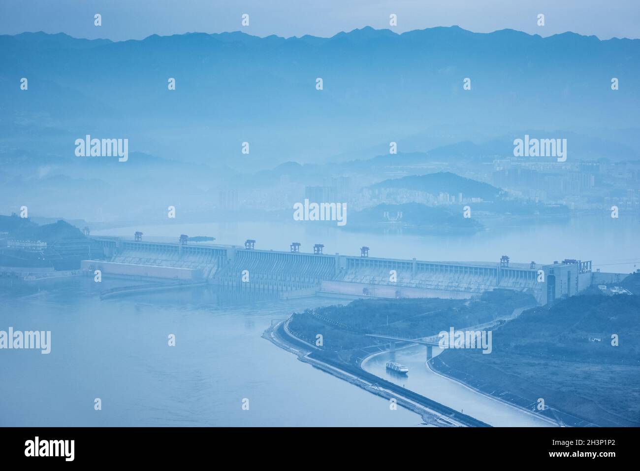 Three gorges dam at dusk with blue tone Stock Photo
