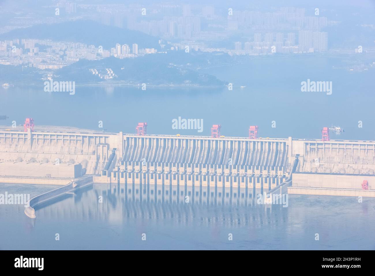 Aerial view of the three gorges dam in morning, Stock Photo
