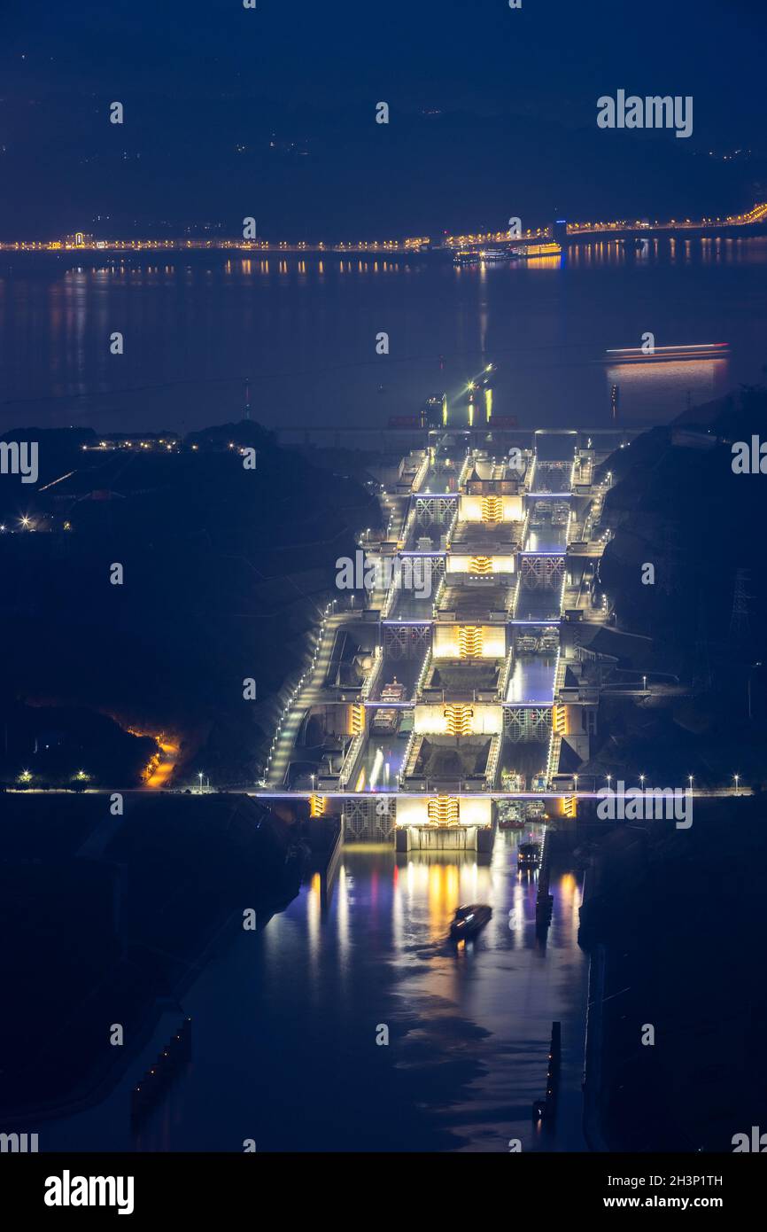 Three gorges ship lock in evening Stock Photo