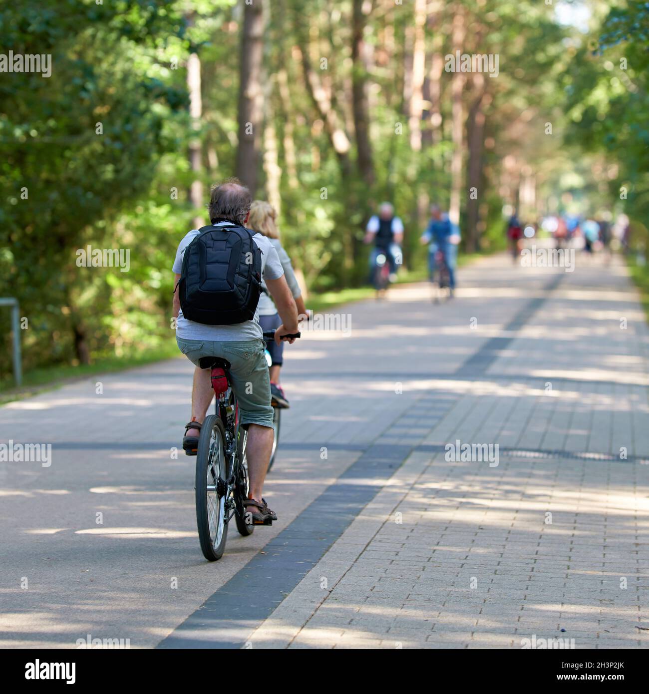 Bicyclists on the dune road between Ahlbeck in Germany and Swinoujscie in Poland Stock Photo