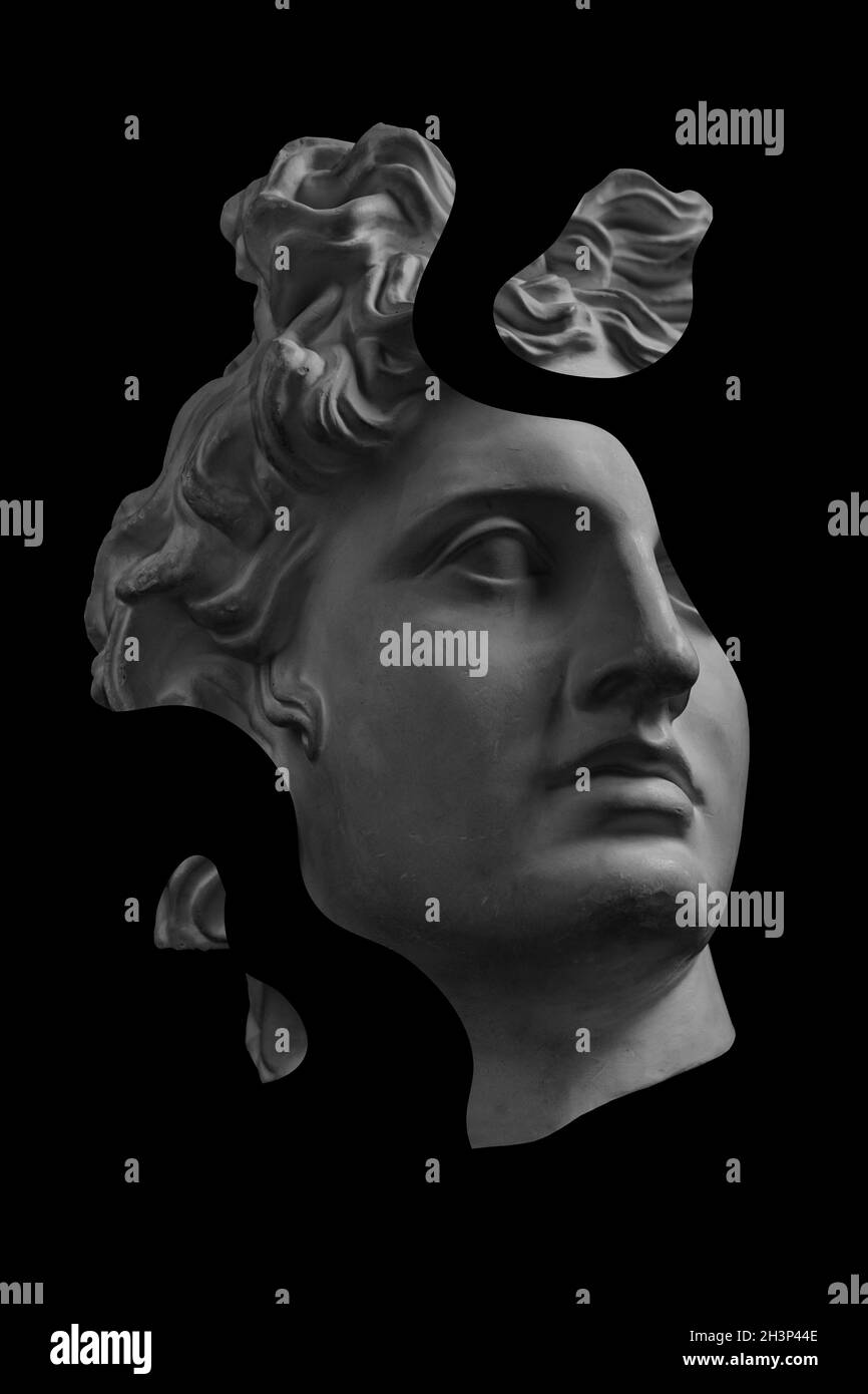 Collage with plaster antique sculpture of human face in a pop art style