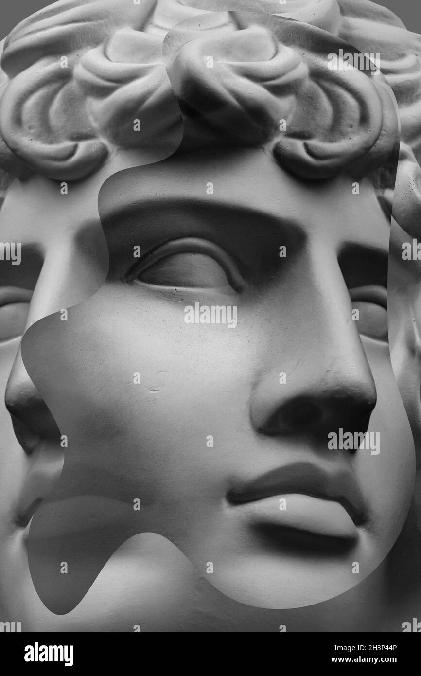 Collage with plaster antique sculpture of human face in a pop art style