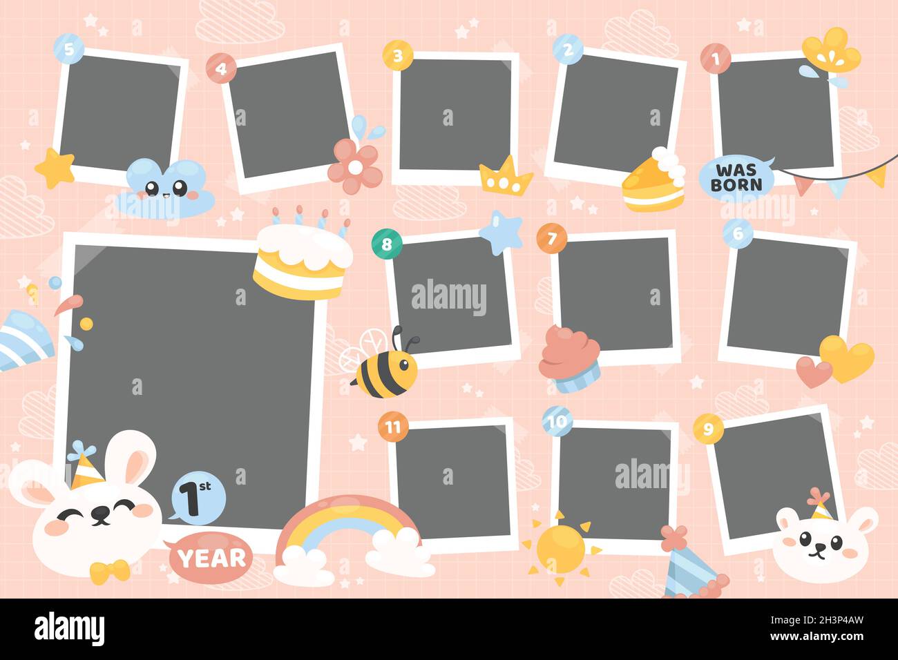 flat  birthday collage frame copy space collection vector design illustration Stock Vector