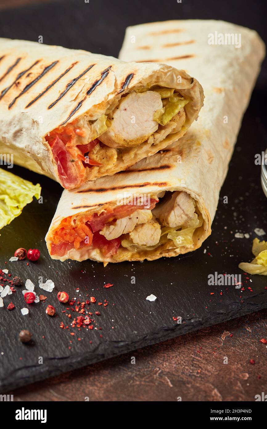 Eastern traditional shawarma with sauces Stock Photo Alamy