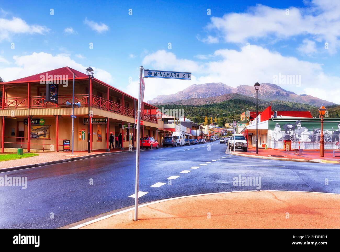Queenstown, Australia - 24 April 2014: Main shopping street in regional mining town Queenstown on Tasmanian East Coast. Stock Photo