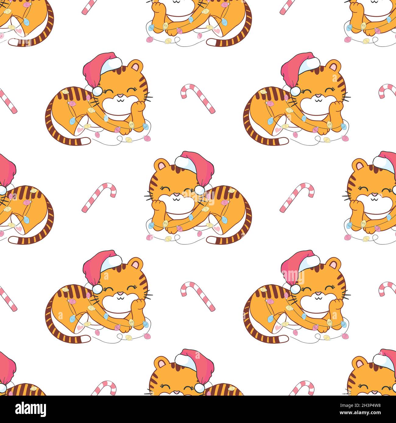 Tiger with a New Year's hat. Christmas seamless pattern. Vector, illustration Stock Vector