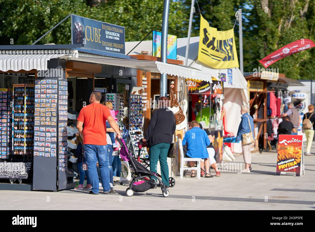 Souvenir stalls for tourists on the promenade of Swinoujscie on the Polish coast of the Baltic Sea Stock Photo