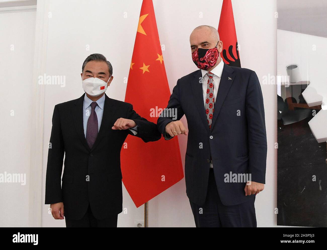 Tirana, Albania. 29th Oct, 2021. Albanian Prime Minister Edi Rama (R) meets with visiting Chinese State Councilor and Foreign Minister Wang Yi in Tirana, Albania, on Oct. 29, 2021. Credit: Zhang Liyun/Xinhua/Alamy Live News Stock Photo