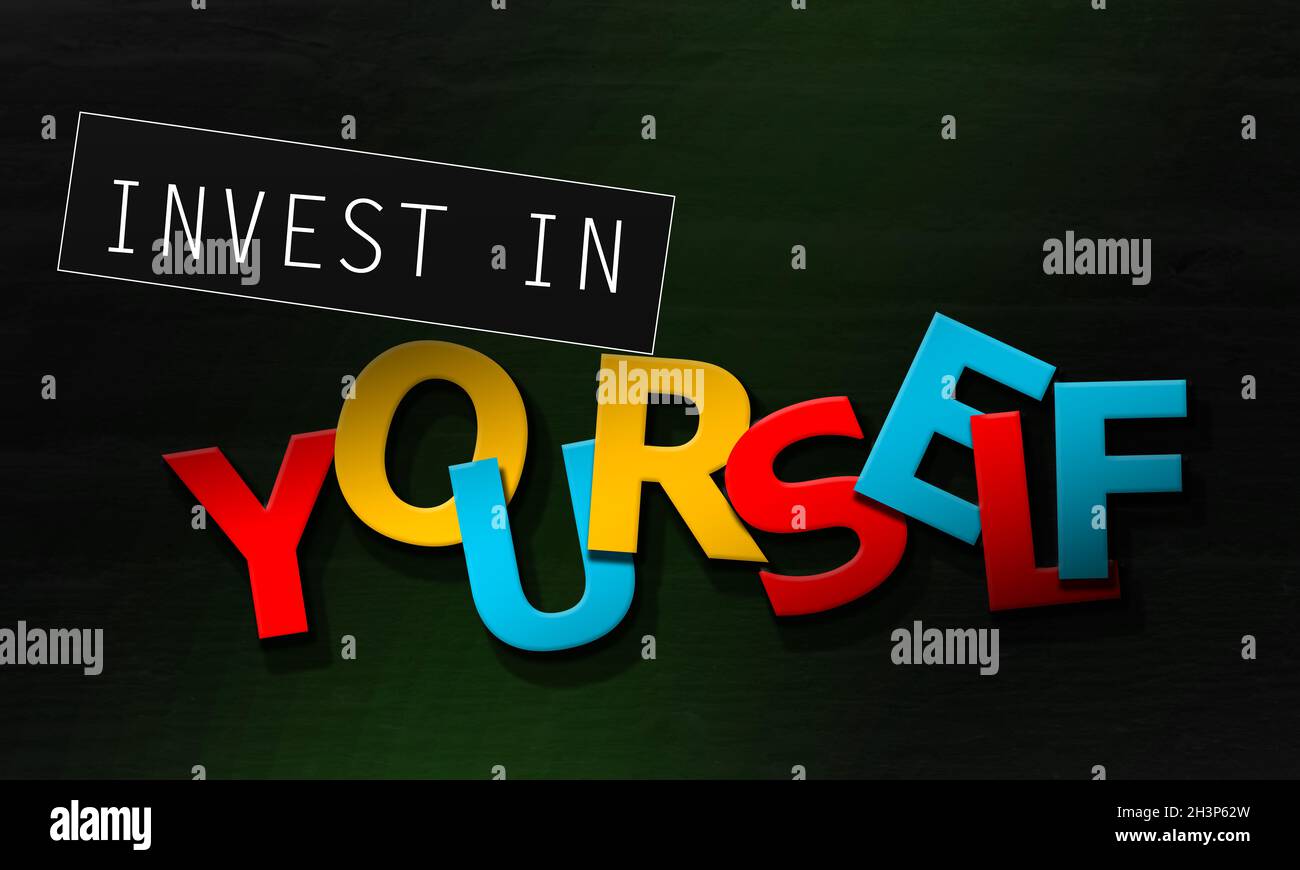 Invest in yourself inspirational quote with colorful text Stock Photo