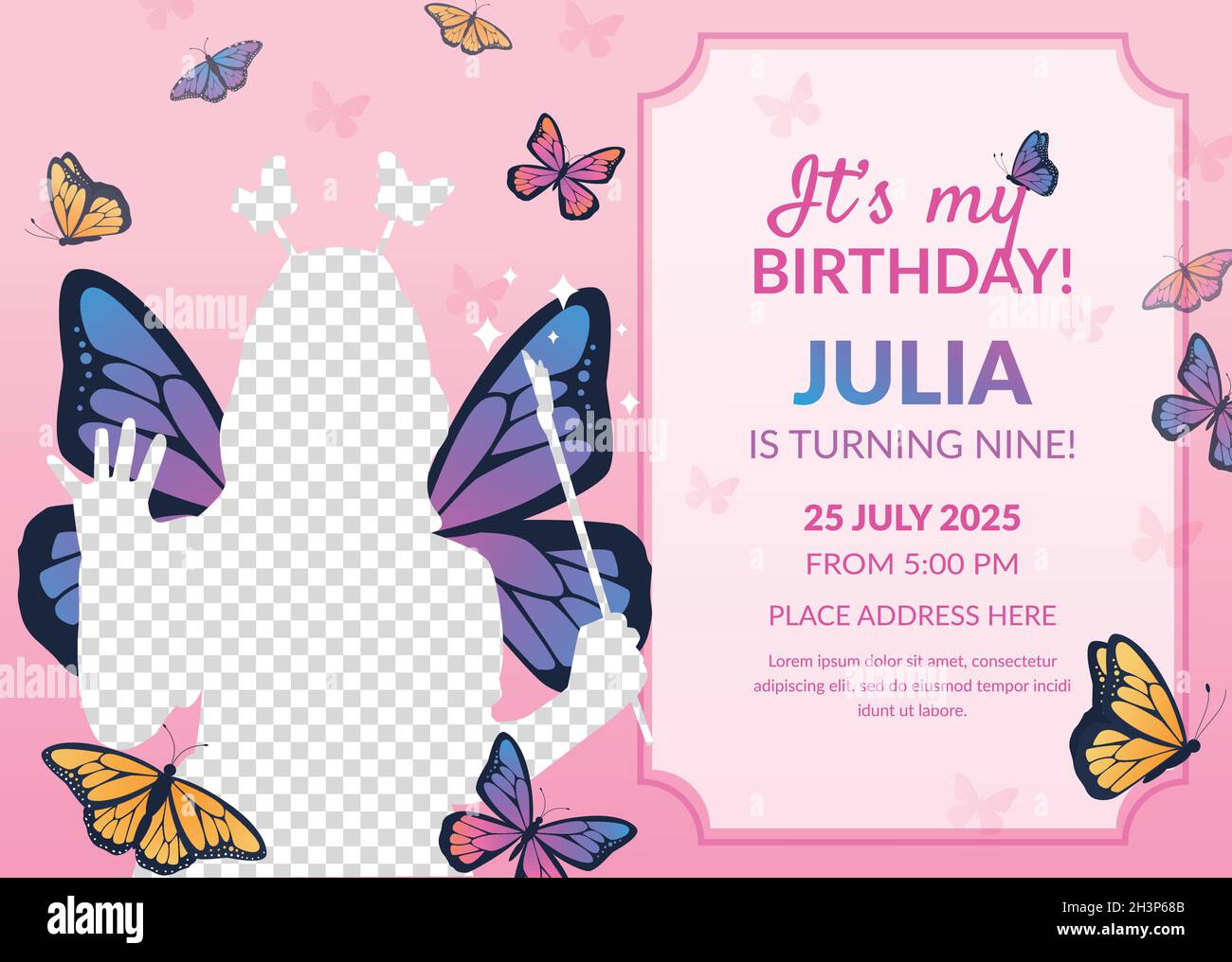 butterfly birthday invitation template with photo vector design