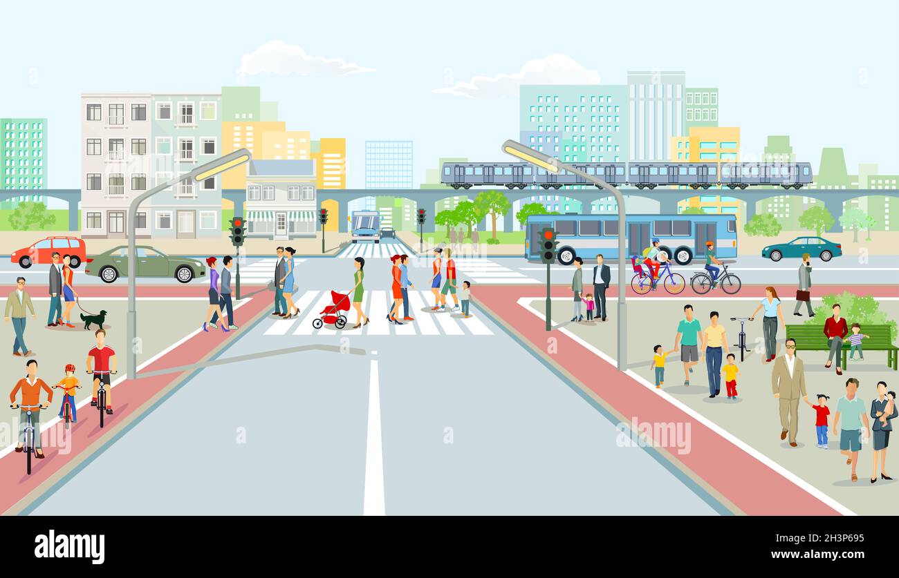 Cityscape with road traffic, elevated train and people illustration Stock Photo