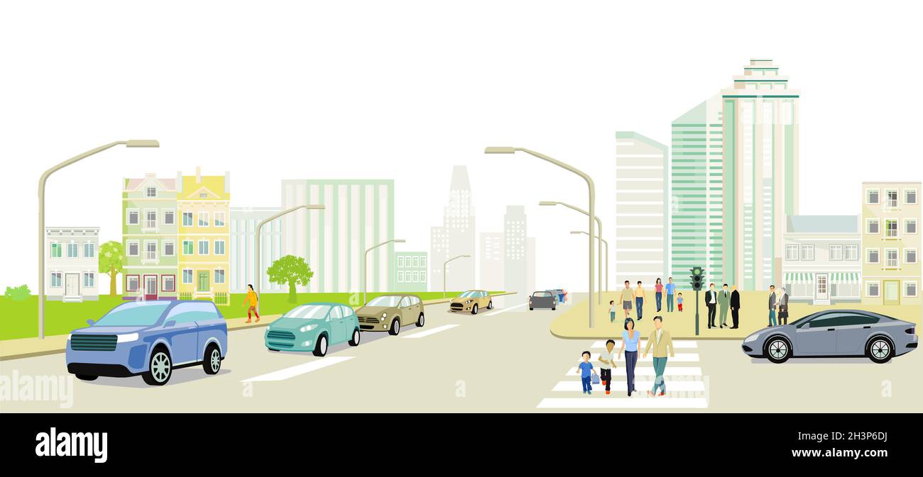 Cityscape with people and road traffic, illustration Stock Photo