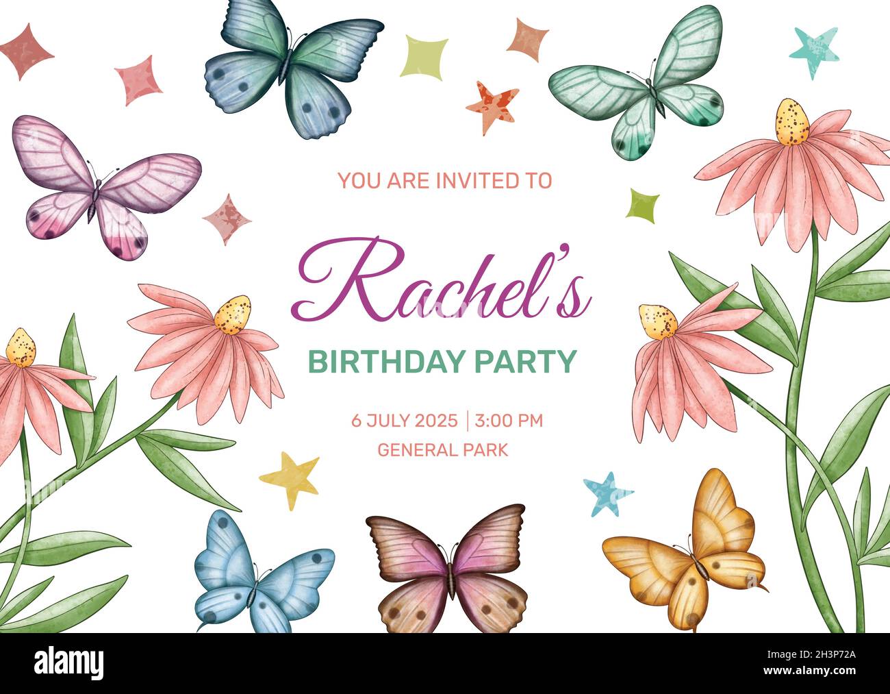hand painted watercolor butterfly birthday invitation template vector design illustration Stock Vector Image & Art - Alamy