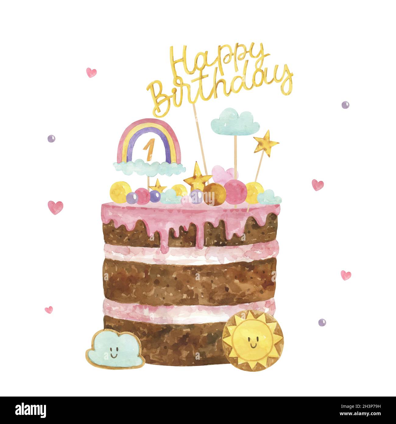 hand painted watercolor birthday cake with topper vector design ...