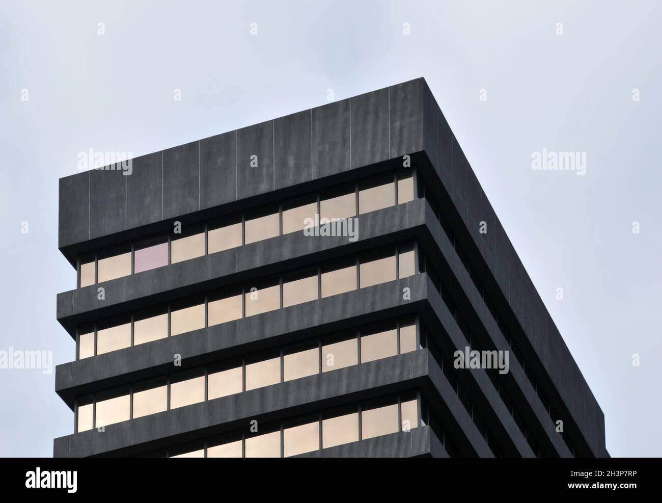 A corner detail of a typical brutalist style 1960s concrete office building with geometric concrete framework against a grey clo Stock Photo