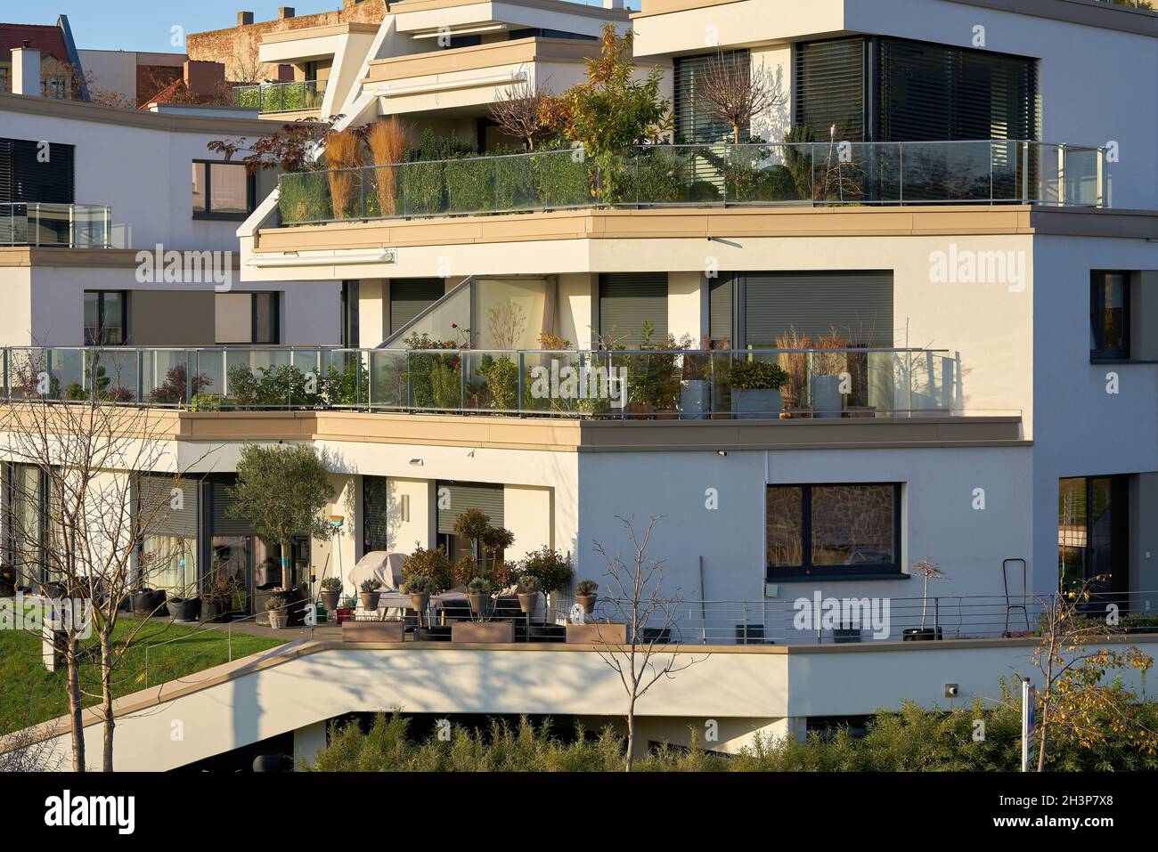 Modern luxury apartments on the banks of the river Elbe near Magdeburg in Germany Stock Photo