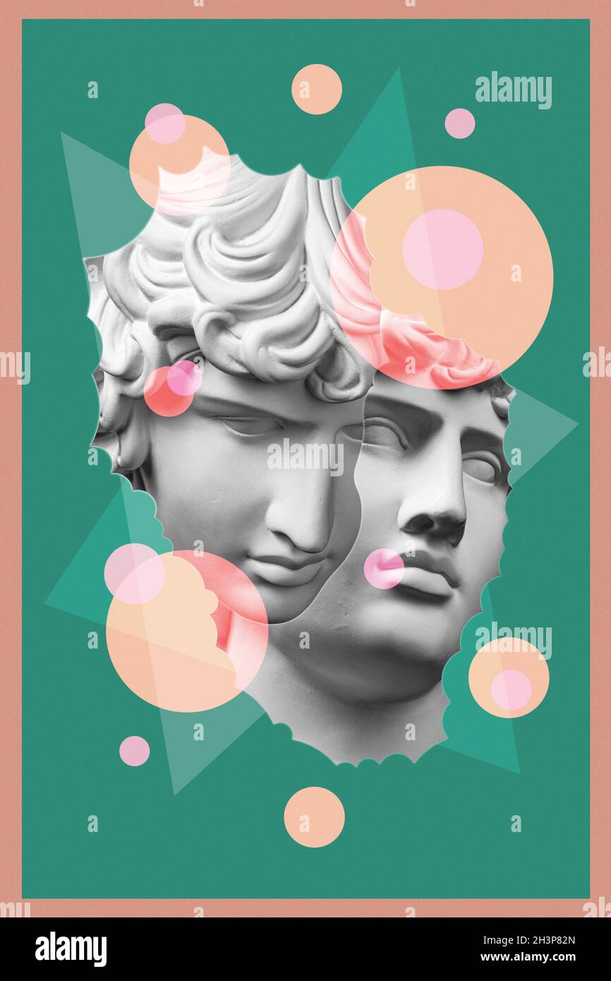 Collage with plaster antique sculpture of human face in a pop art style. Modern creative concept