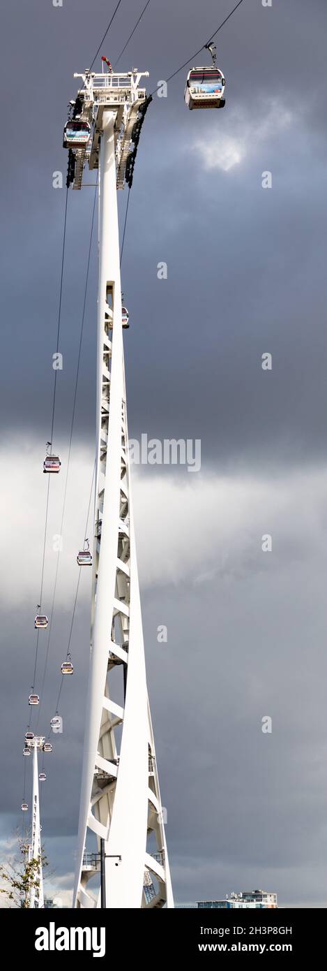 Detail of a pylon supporting the the Emirates Air Line cable car link across the River Thames in London, England, October 2021. Stock Photo