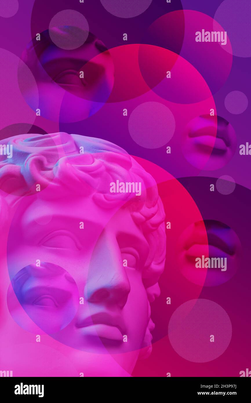 Collage with plaster antique sculpture of human face in a pop art style. Modern creative concept image with ancient statue head. Stock Photo