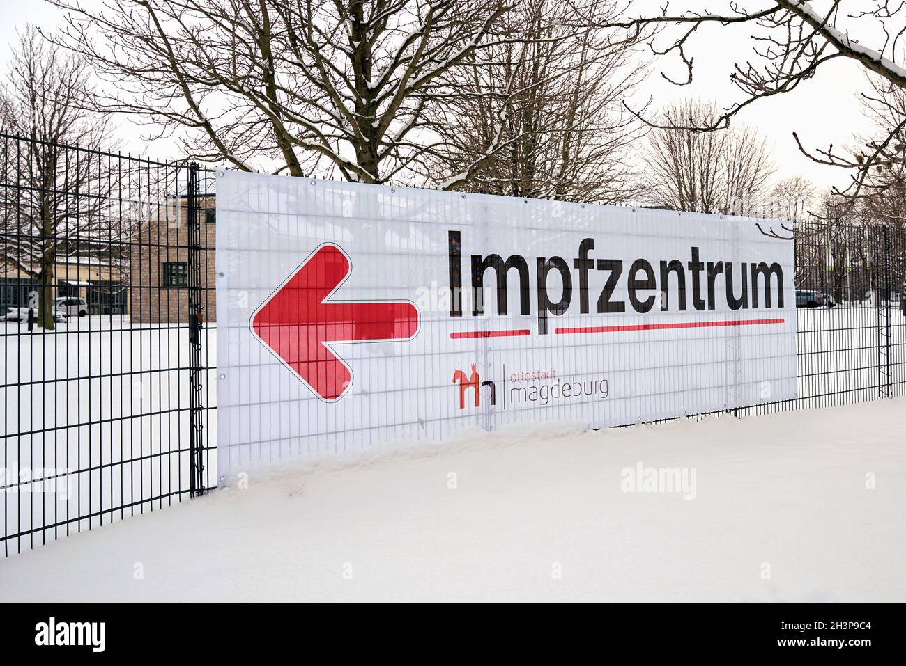 Sign with the inscription vaccination center (Impfzentrum) Stock Photo