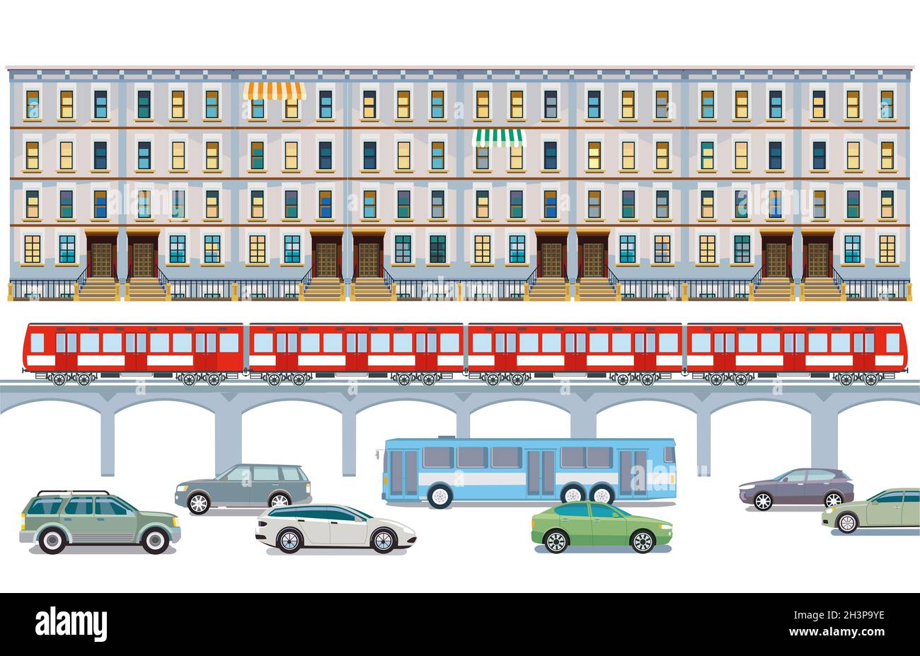 Road transport with elevated train and cityscape illustration Stock Photo