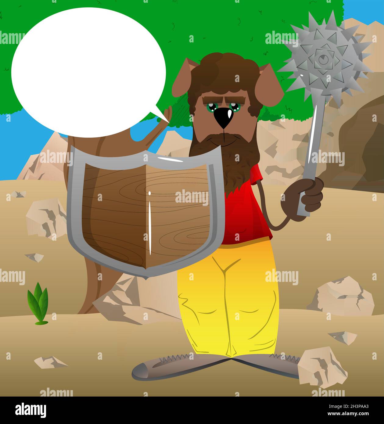 Funny cartoon dog holding a spiked mace and shield. Vector illustration Stock Vector Image & Art