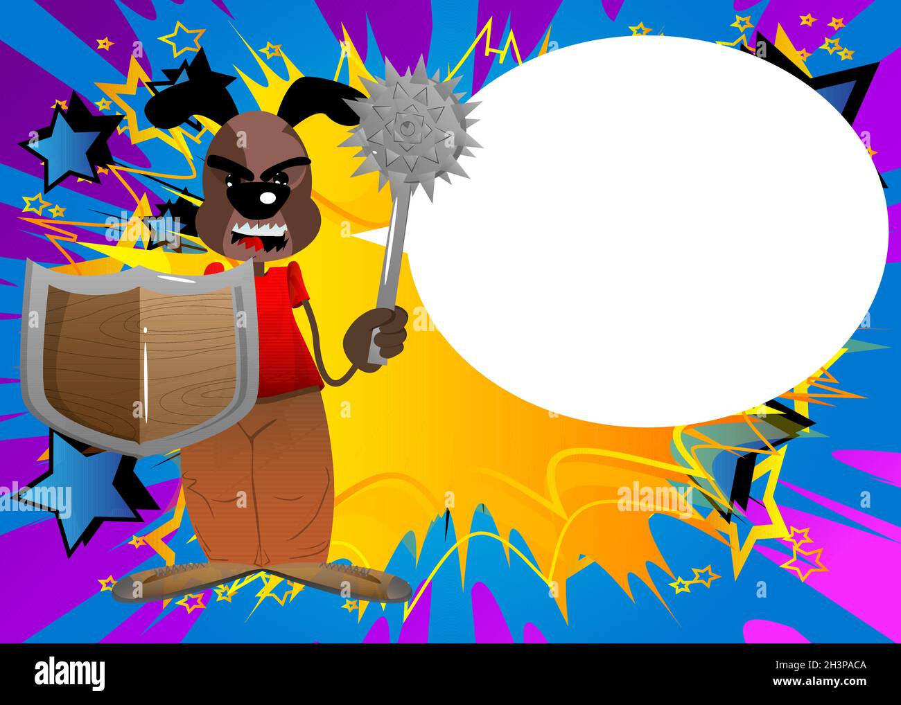 Funny cartoon dog holding a spiked mace and shield. Vector illustration Stock Vector Image & Art