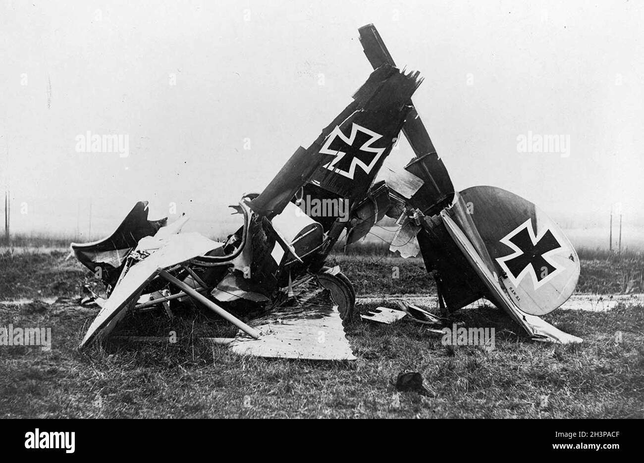 Wreckage of a crashed German Albatross D. III fighter biplane. Stock Photo