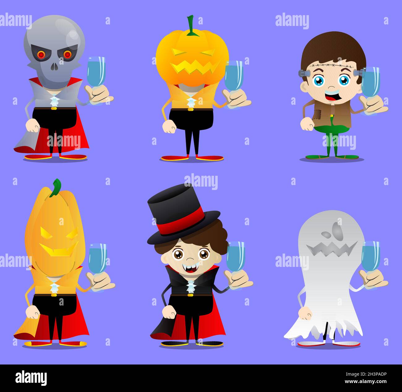 Kid dressed for Halloween with a glass of water. Vector cartoon