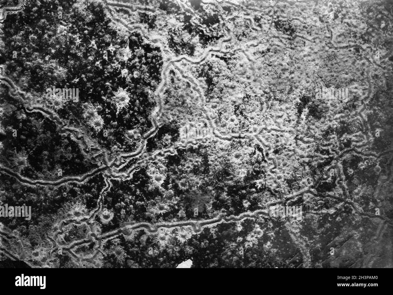 Aerial reconnaissance photograph showing trench lines and artillery craters. Stock Photo