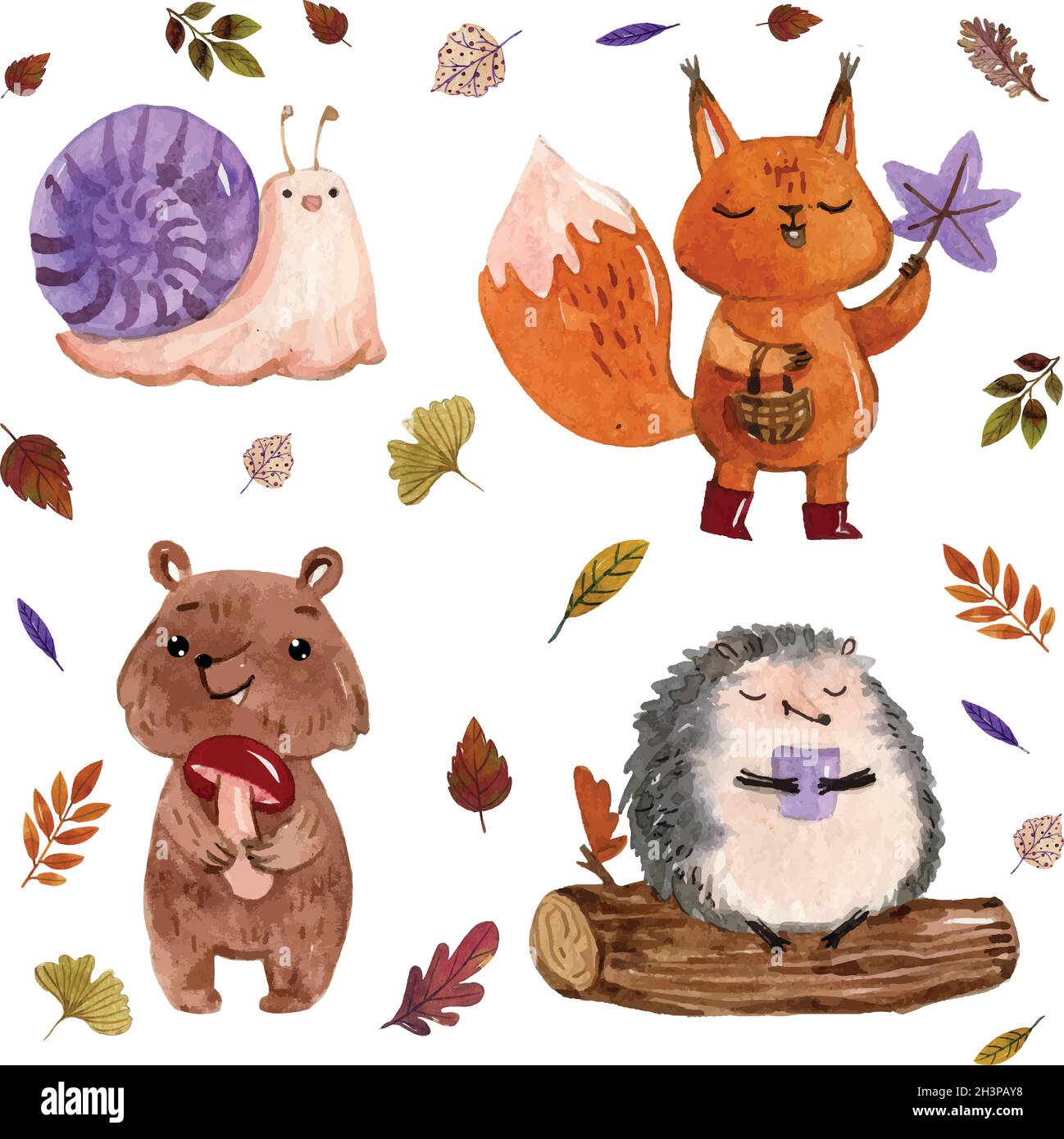watercolor autumn forest animals vector design illustration Stock ...