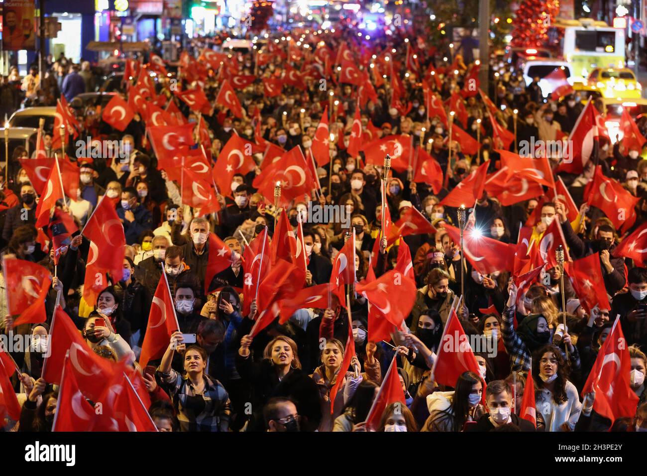 Istanbul, Turkey. 29th Oct, 2021. Crowd of people waving Turkish flags
