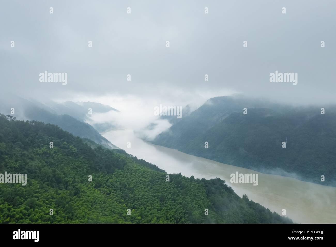Aerial view of beautiful fuchun river after rain Stock Photo