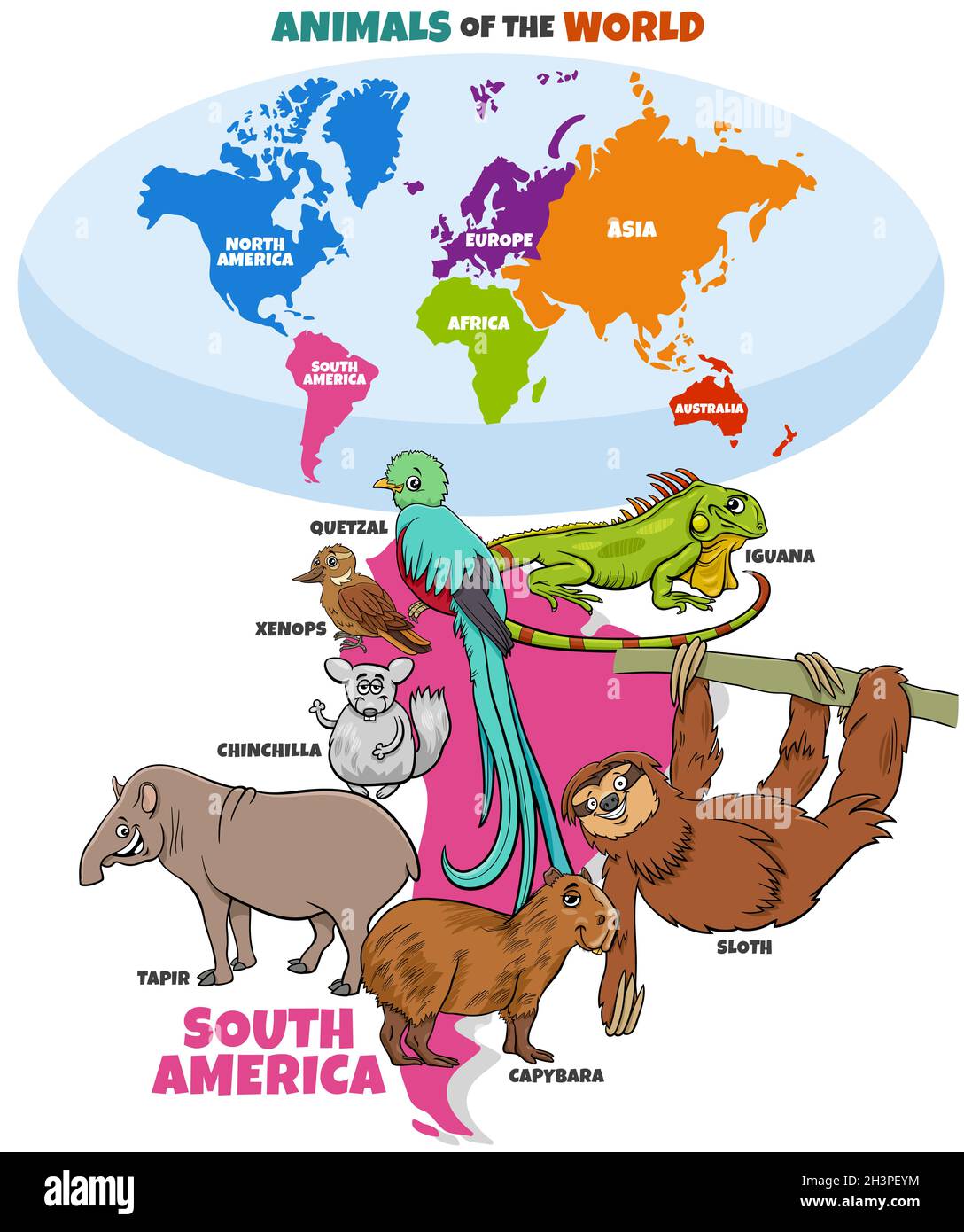 Educational illustration of cartoon South American animals Stock Photo