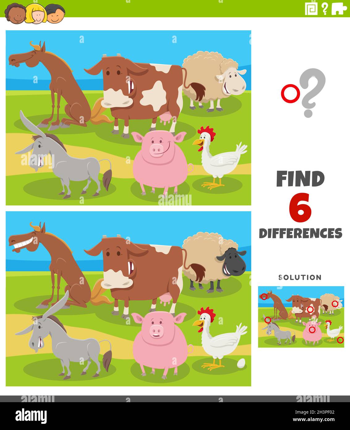 Differences educational game with cartoon farm animals Stock Photo - Alamy