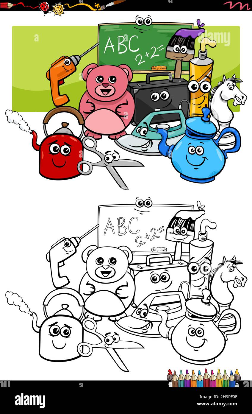 Cartoon funny object characters coloring book page Stock Photo