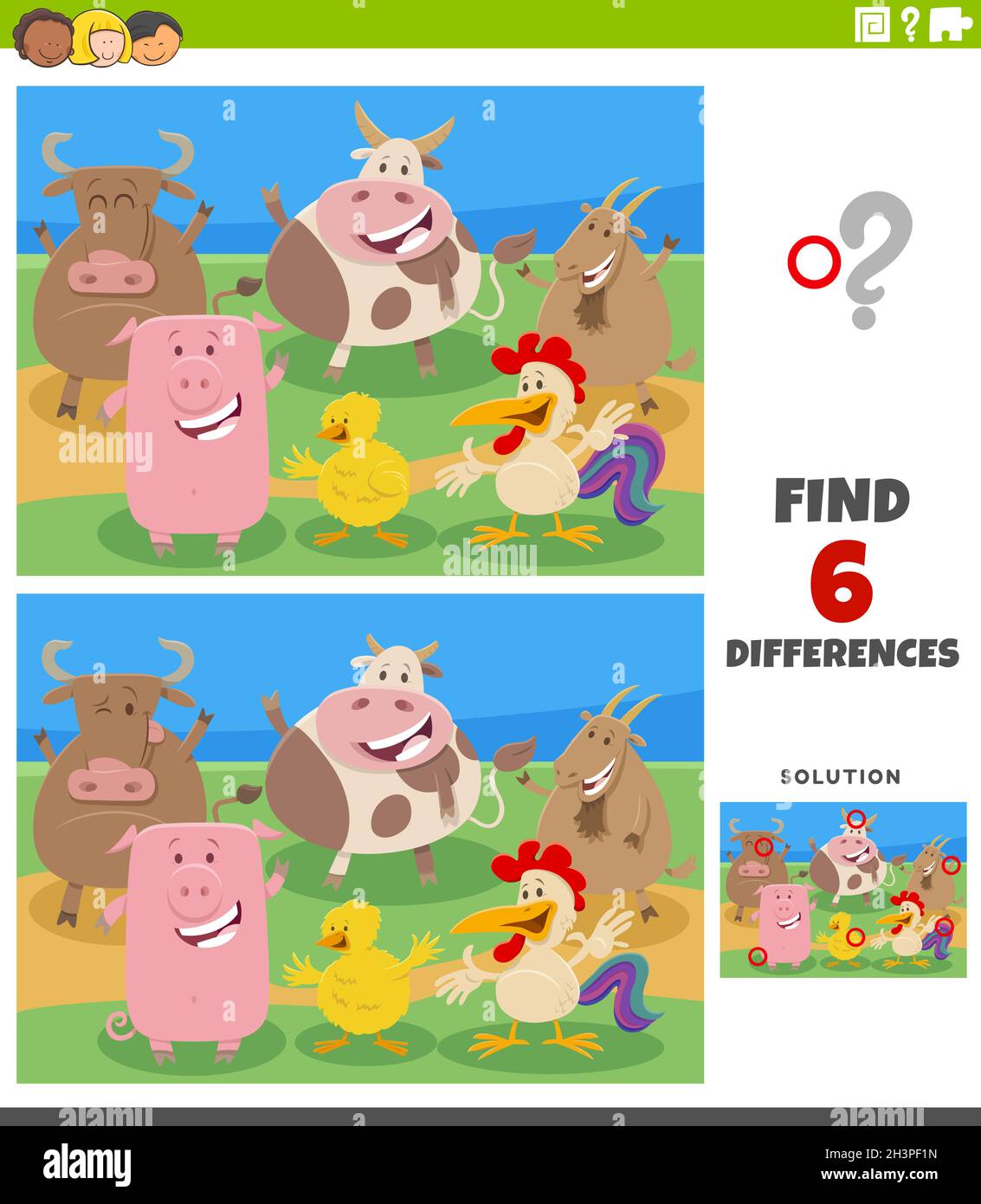 Differences educational game with cartoon farm animal characters Stock ...