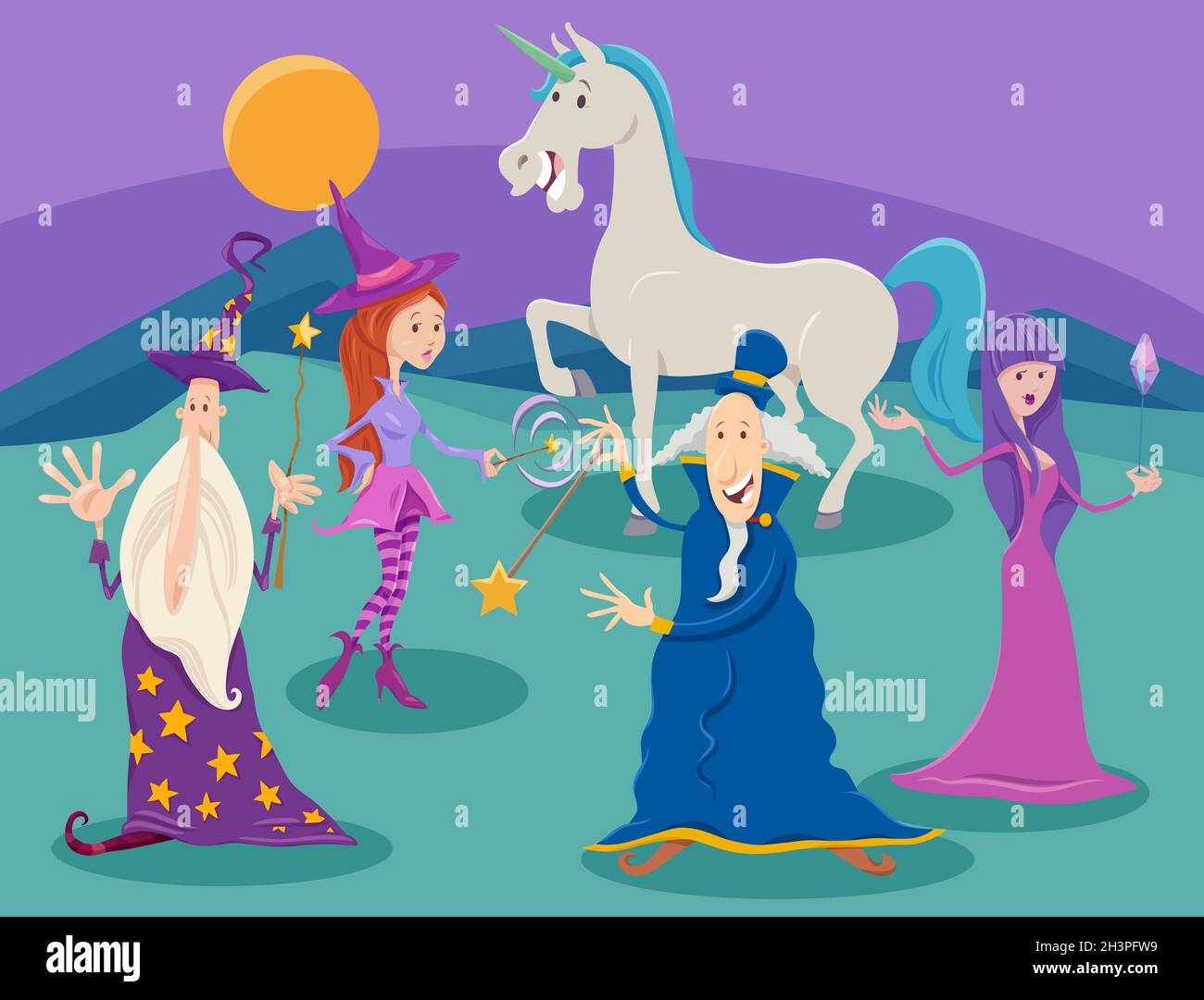 Cartoon wizards and witches with unicorn fantasy characters Stock Photo